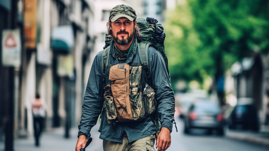 "Person heavily laden with an excessive amount of EDC and survival gear, wearing various pouches, packs, and accessories for ultimate preparedness, standing in an outdoor setting with a humorous over-the-top preparedness theme.