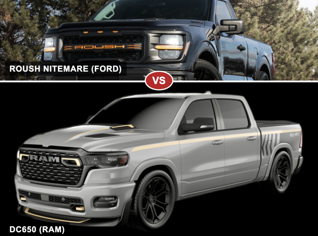 Split-screen comparison of the 2026 Roush Nitemare F-150 (top) and the Fox Factory Direct Connection DC650 Ram 1500 (bottom)