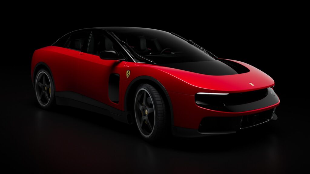 Ferrari Luce four-door EV in red, front three-quarter view showing its low, aerodynamic nose