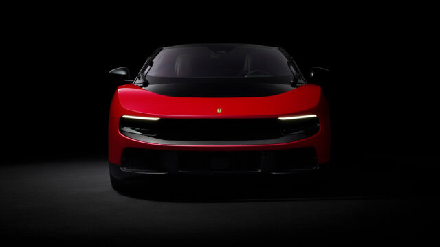 Ferrari Luce four-door EV, straight-on front view showing its narrow headlights and closed-off grille